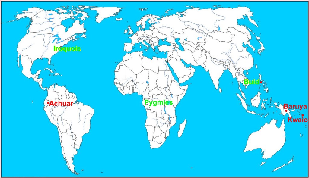 Position of women was examined for different continents. Buid live on the island of Mindoro (Philippines). Kwaio live on Malaita (Melanesia). Baruya live in New-Guinea.